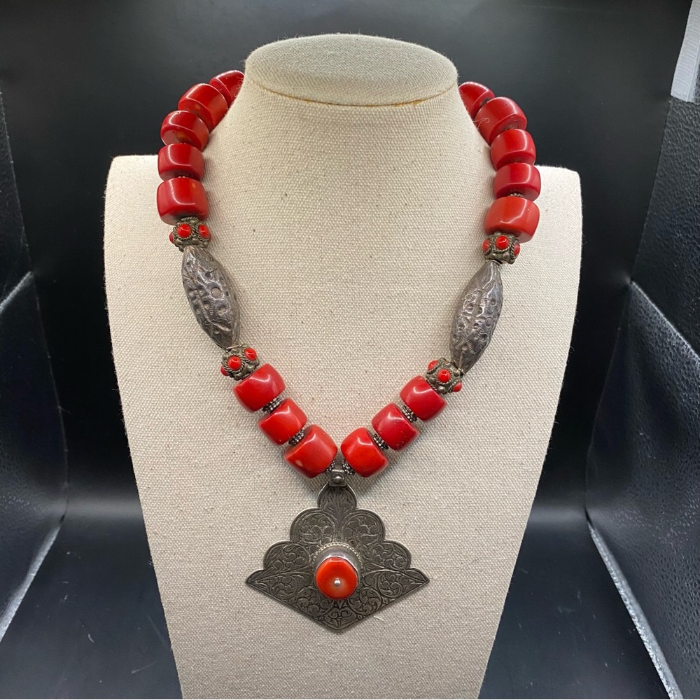 Red Coral Beaded Necklace with Silver Accents